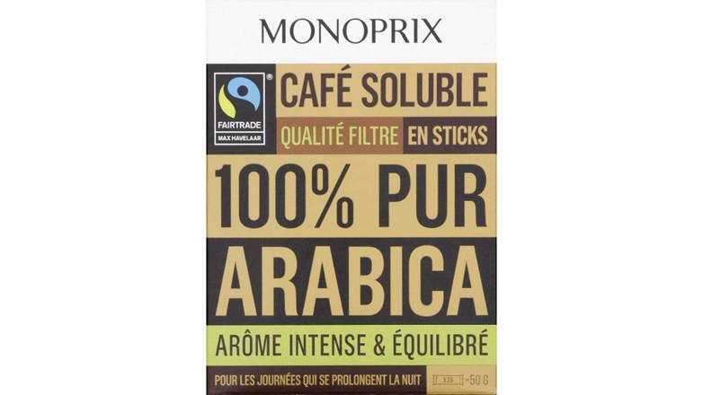 Monoprix Sticks de café soluble 100% pur arabica Les 25 sticks de 2 g