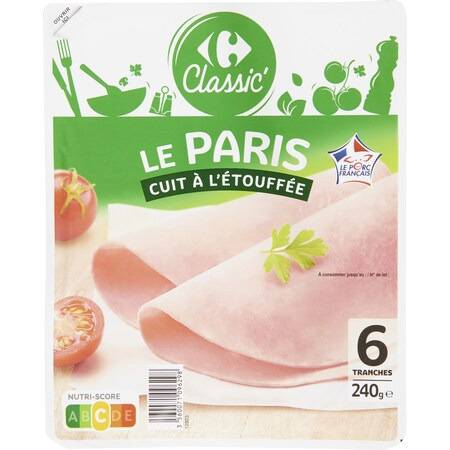 Jambon Le Paris cuit à l'étouffée CARREFOUR CLASSIC' - le paquet de 6 tranches - 240g