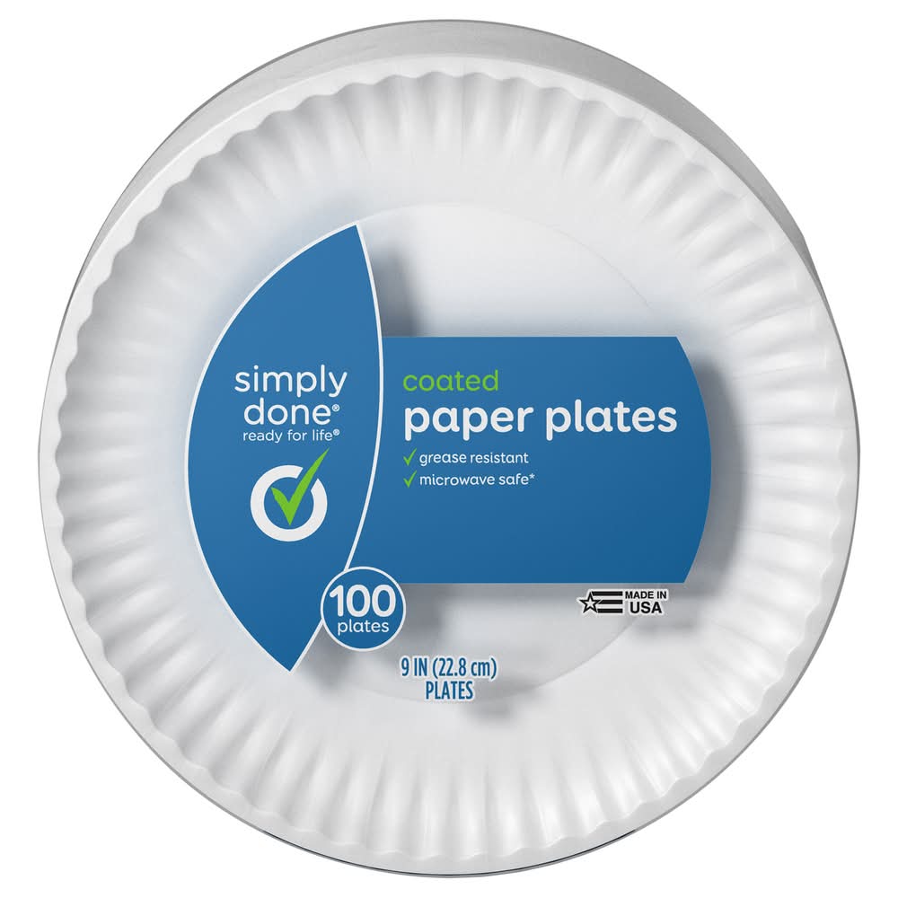 Simply Done Coated Paper Plates, 9 in, White (100 ct)
