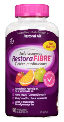 Restorafibre Gélées Quotidiennes Fibres Prébiotiques Aux Saveurs De Fruits Savoureuses 90 Un / Restora Fibre Daily Gummies 90 EA