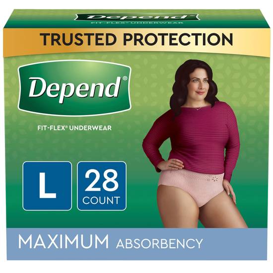 Depend FIT-FLEX Incontinence Underwear for Women, Maximum Absorbency, L, Blush, 28 Count