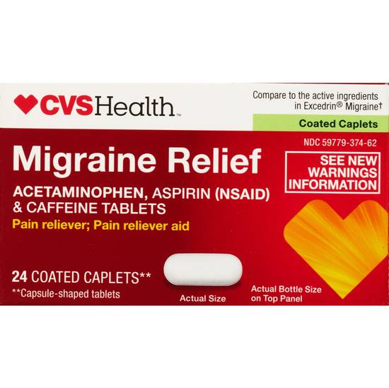 CVS Health Migraine Relief Acetaminophen Aspirin (NSAID) & Caffeine Tablets, 24 CT