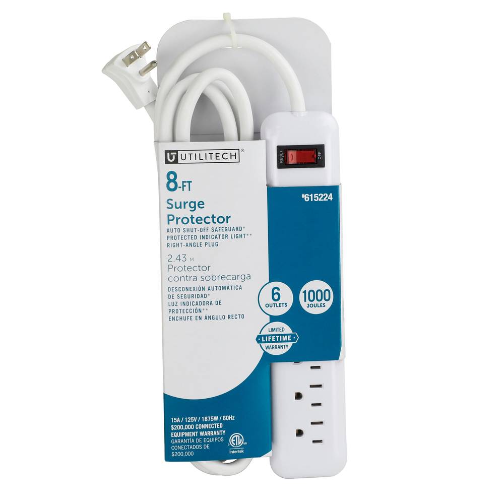 Utilitech 8-ft Surge Protectors 6-Outlet 1000 Joules 1875-Watt White Indoor Ac Surge Protector | UTPB42126