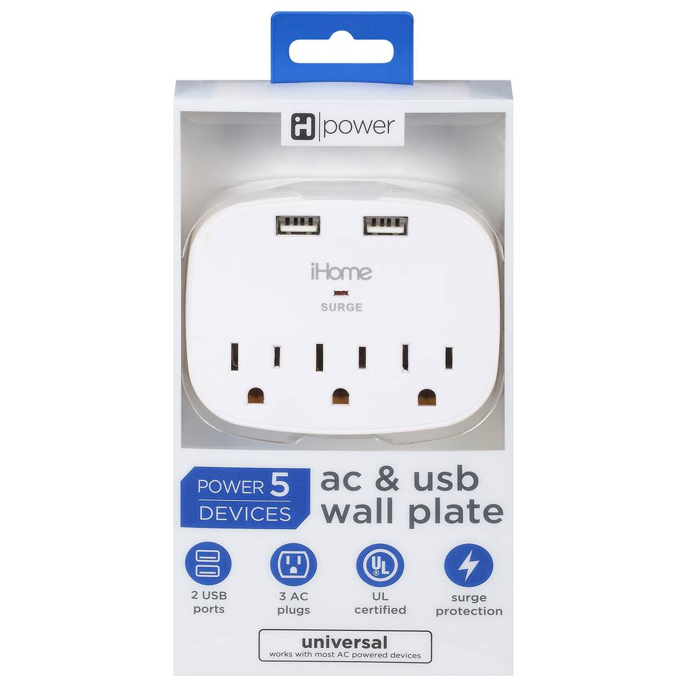 Ihome Surge Ac & Usb Wall Plate (white)