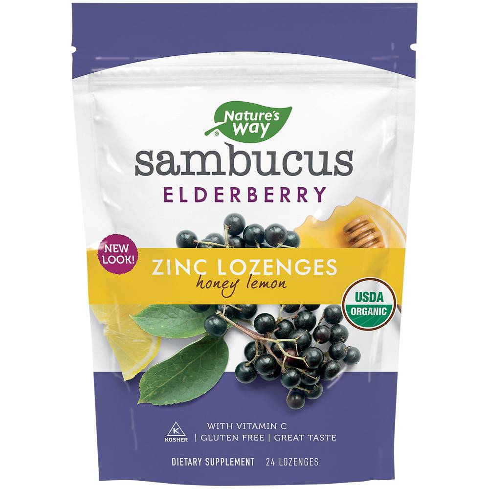 Organic Sambucus Elderberry Zinc Lozenges With Vitamin C - Honey Lemon (24 Lozenges)
