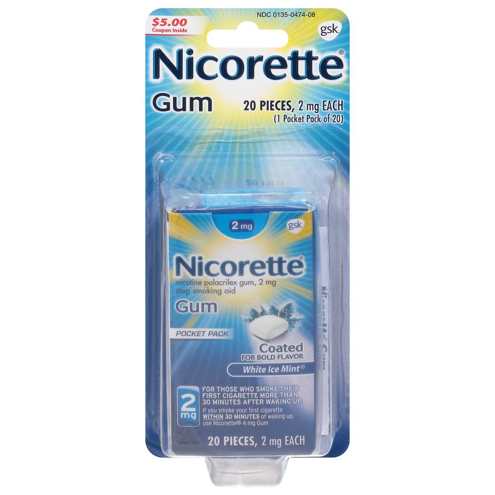 Nicorette 2Mg Nicotine Gum To Quit Smoking - White Ice Mint Flavored Stop Smoking Aid