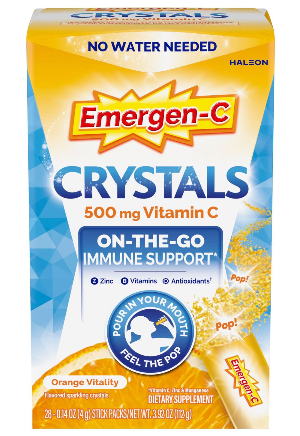 Emergen-C Crystals Vitamin C On-The-Go Immune Support Supplements Stick packs, Orange Vitality (28 x 0.14 oz)