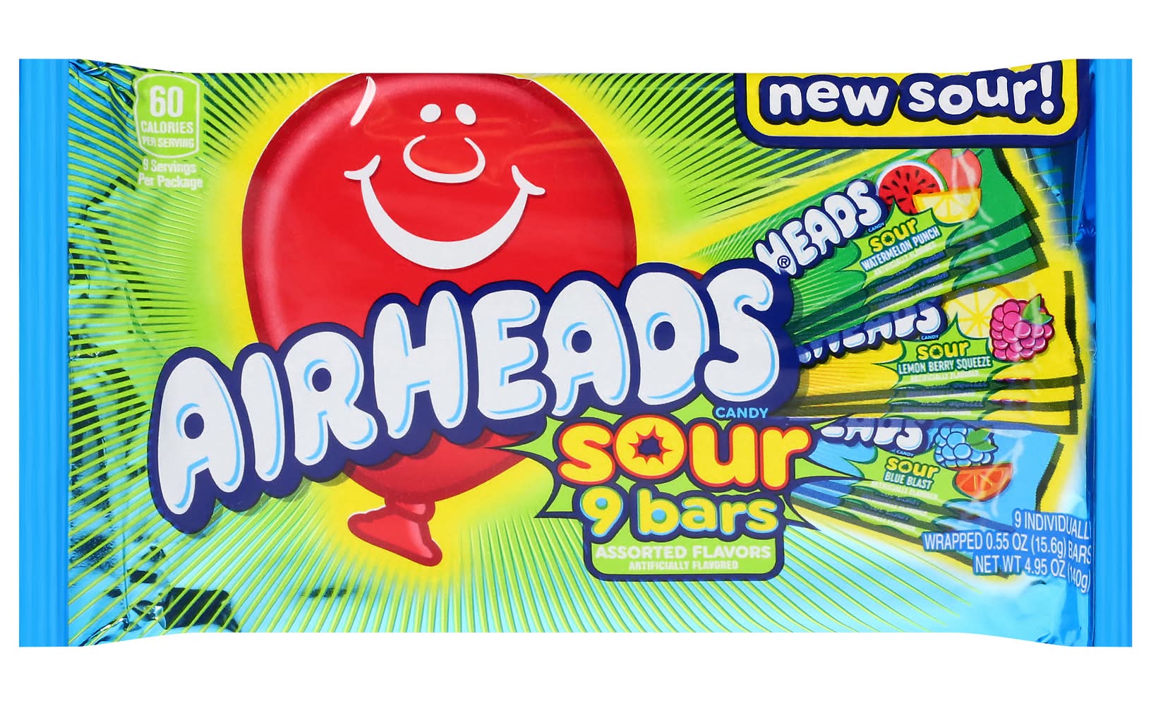 Airheads Sour Candy Bars Full Size, Watermelon Punch-Lemon Berry Squeeze-Blue Blast (0.55 oz, 9 ct)