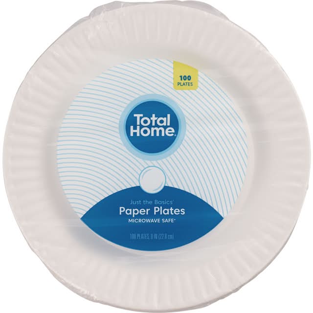 Total Home Just the Basics Disposable Paper Plates, 9 in, White (100 ct)