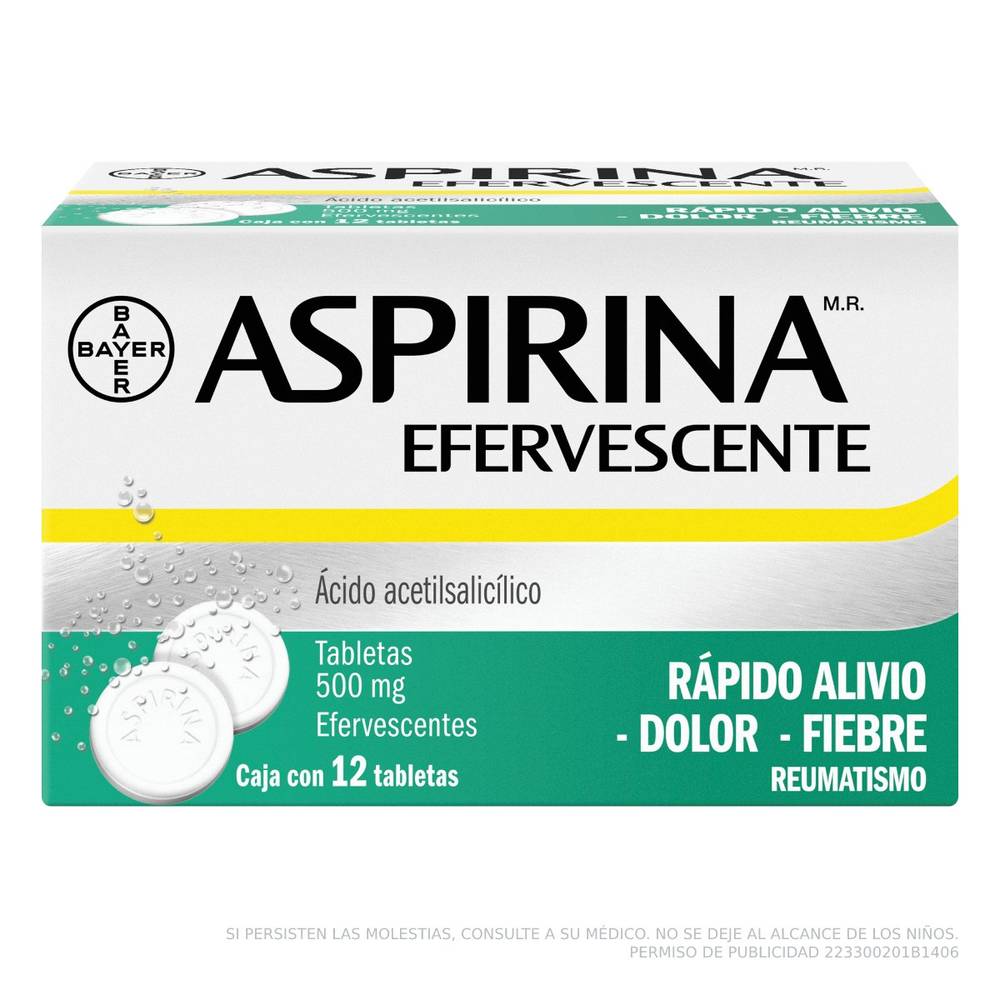 Aspirina ácido acetilsalicílico 500 mg tableta efervescente (12 piezas)