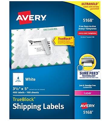 Avery TrueBlock Laser Shipping Labels, 3-1/2 x 5, White, 400 Labels/Box (5168)
