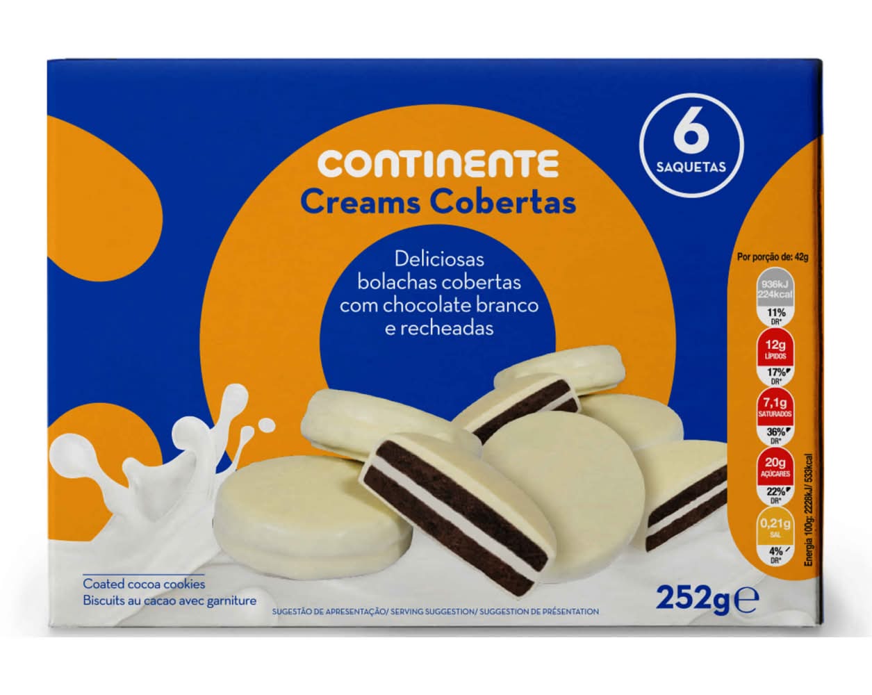 Bolachas de Cacau Cobertas com Chocolate Branco Continente (emb. 252 gr (6 un))