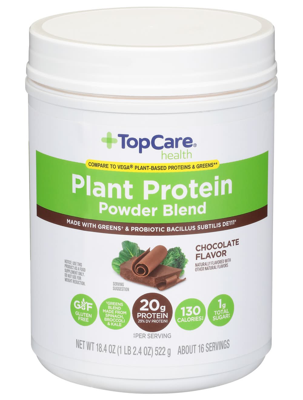 TopCare Health Plant Protein Powder Blend, Chocolate (18.4 oz)