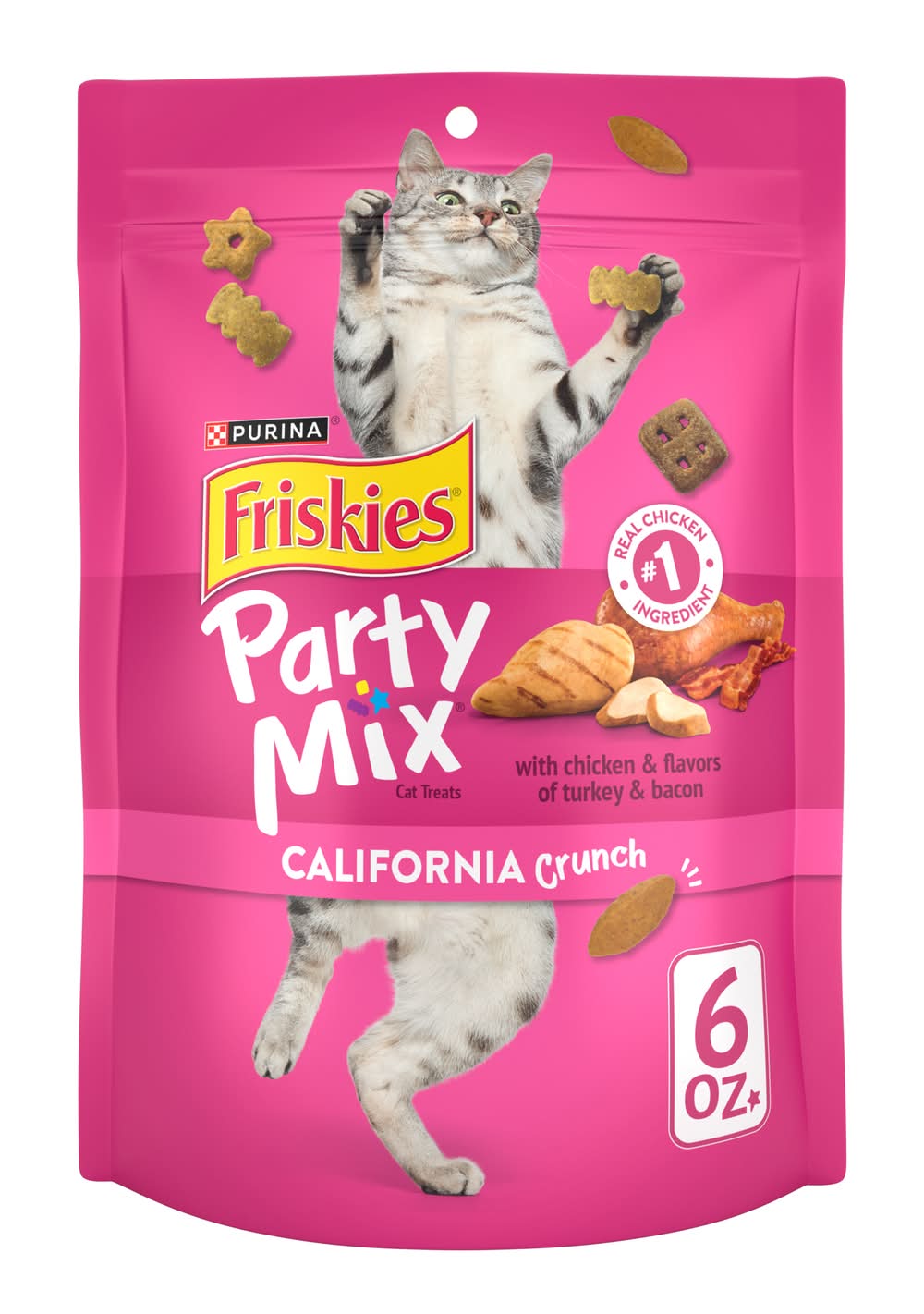 Purina Friskies Party Mix California Crunch Cat Treats, Chicken Turkey & Bacon (6 oz)