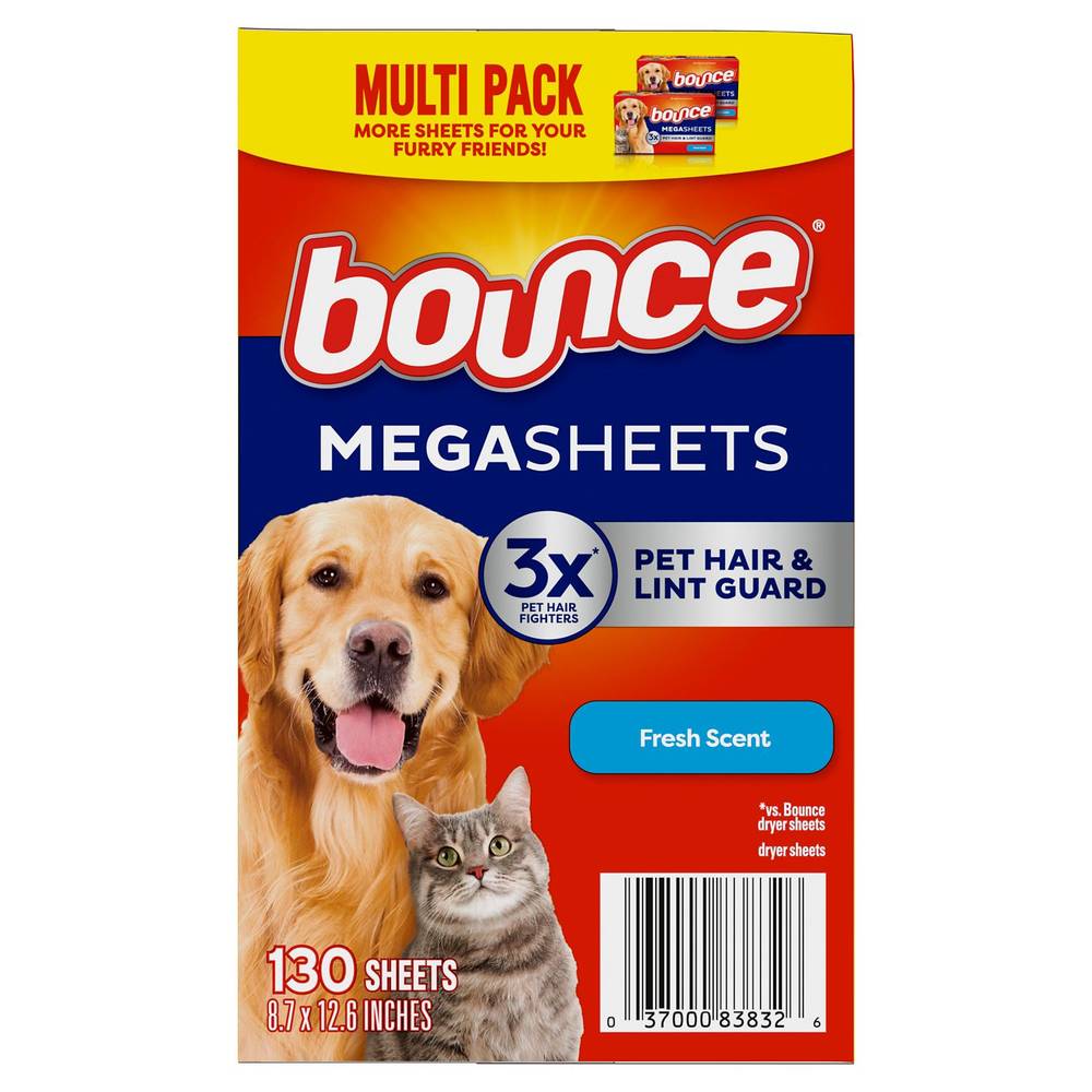 Bounce Pet Hair And Lint Guard Mega Dryer Sheets With 3X Pet Hair Fighters, Fresh Scent, 130 Ct