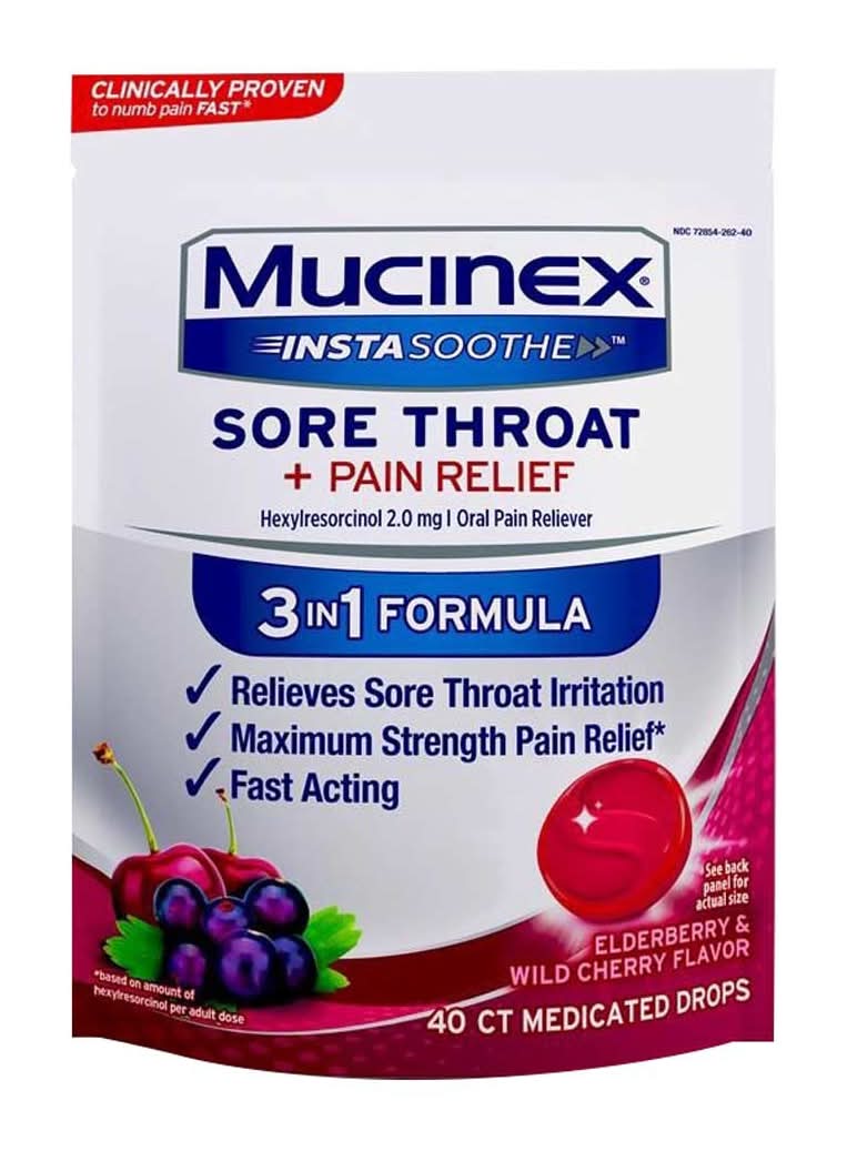 Mucinex Instasoothe Sore Throat + Pain Relief Lozenges, Elderberry & Wild Cherry (40 ct)