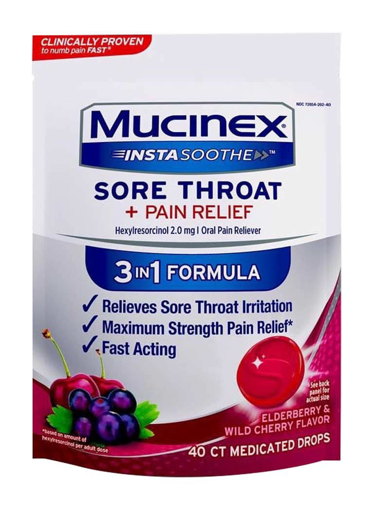 Mucinex Instasoothe Sore Throat + Pain Relief Lozenges, Elderberry & Wild Cherry (40 ct)
