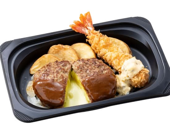 (おかず)チーズINハンバーグ＆プリプリ大エビフライ