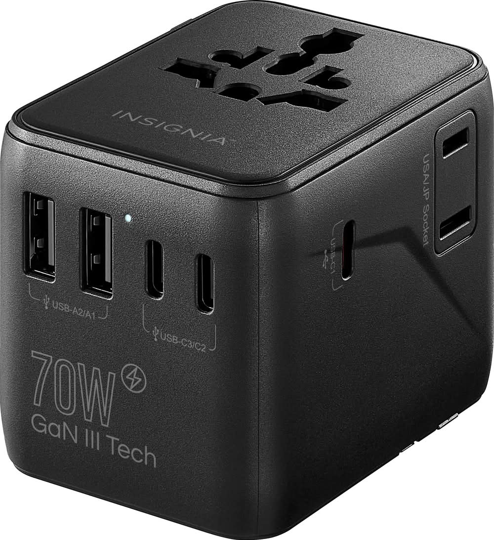 Insignia™ - 70W Travel Adapter with 2 AC Outlets, 3 USB-C Ports & 2 USB Ports - Black