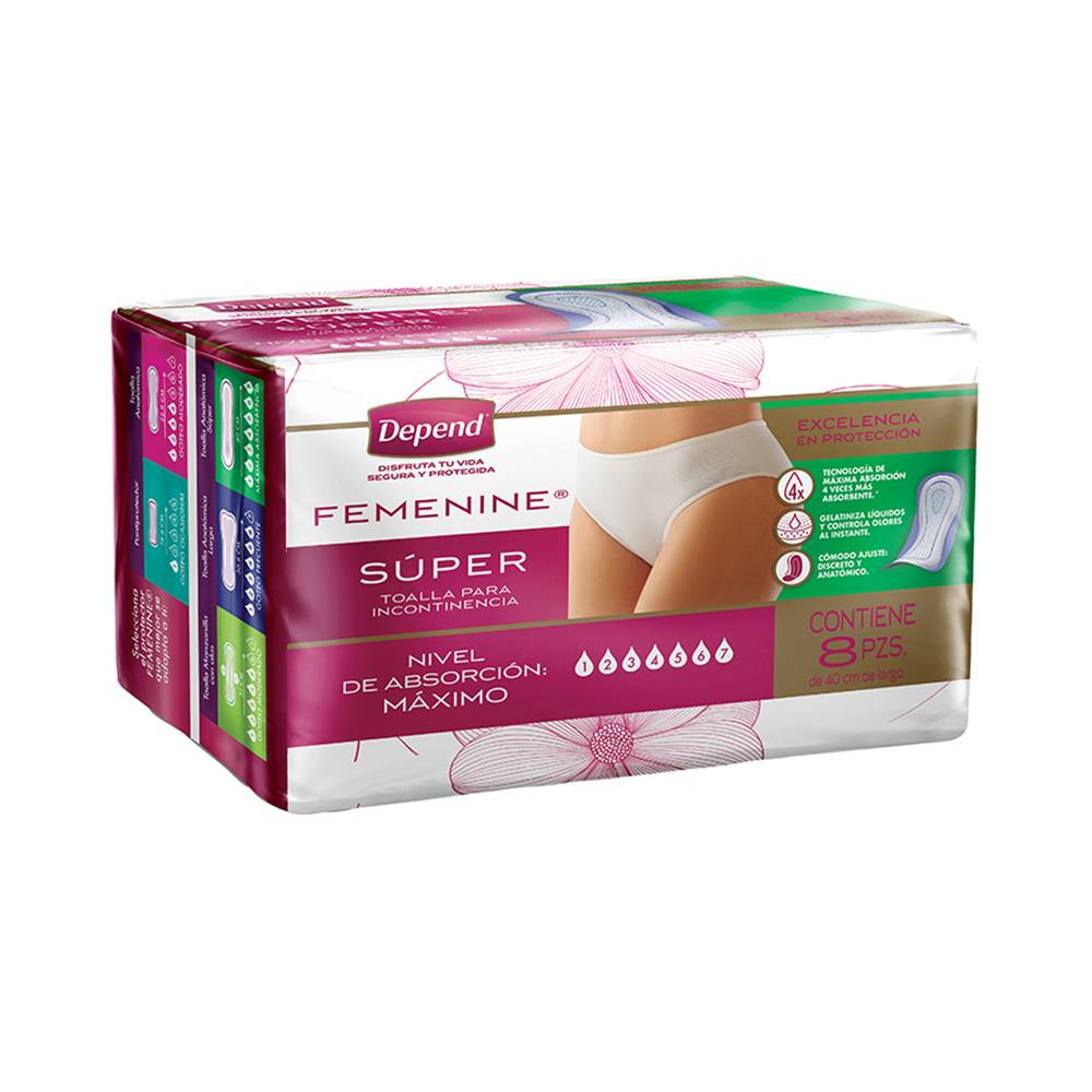 Depend toalla femenine para incontinencia súper (8 piezas)