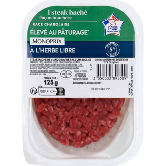 Monoprix Steak Haché De Boeuf Façon Bouchère 5% Matières Grasses La Barquette De 1, 125 G