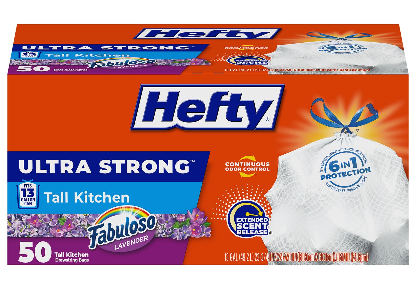 Hefty Ultra Strong Tall Kitchen Trash Bags 13 Gal, Fabuloso, 60.3x63.1 cm (50 ct)