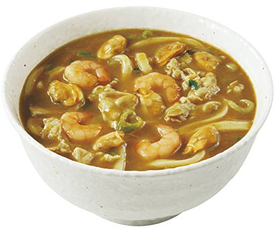 エビあさりカレーうどん Curry udon  with stewed shrimp (half) and asari clam (half)