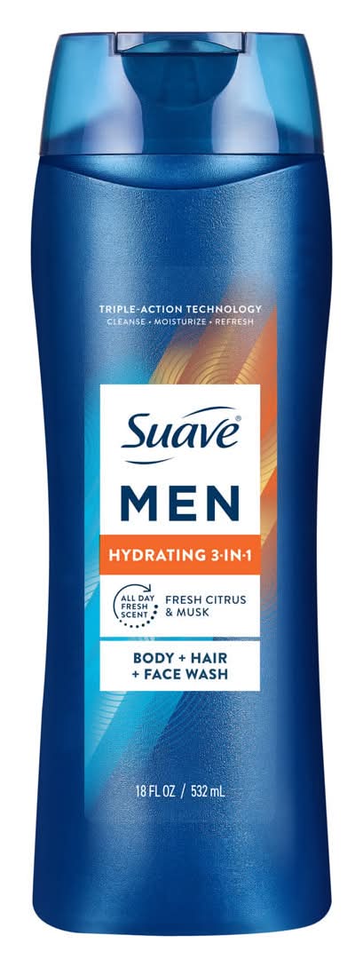 Suave Men Hydrating 3-In-1 Body + Hair + Face Wash With Glycerin & Vitamin E Cleanse Moisturize Refresh Long-Lasting Fragrance 18 Fl Oz