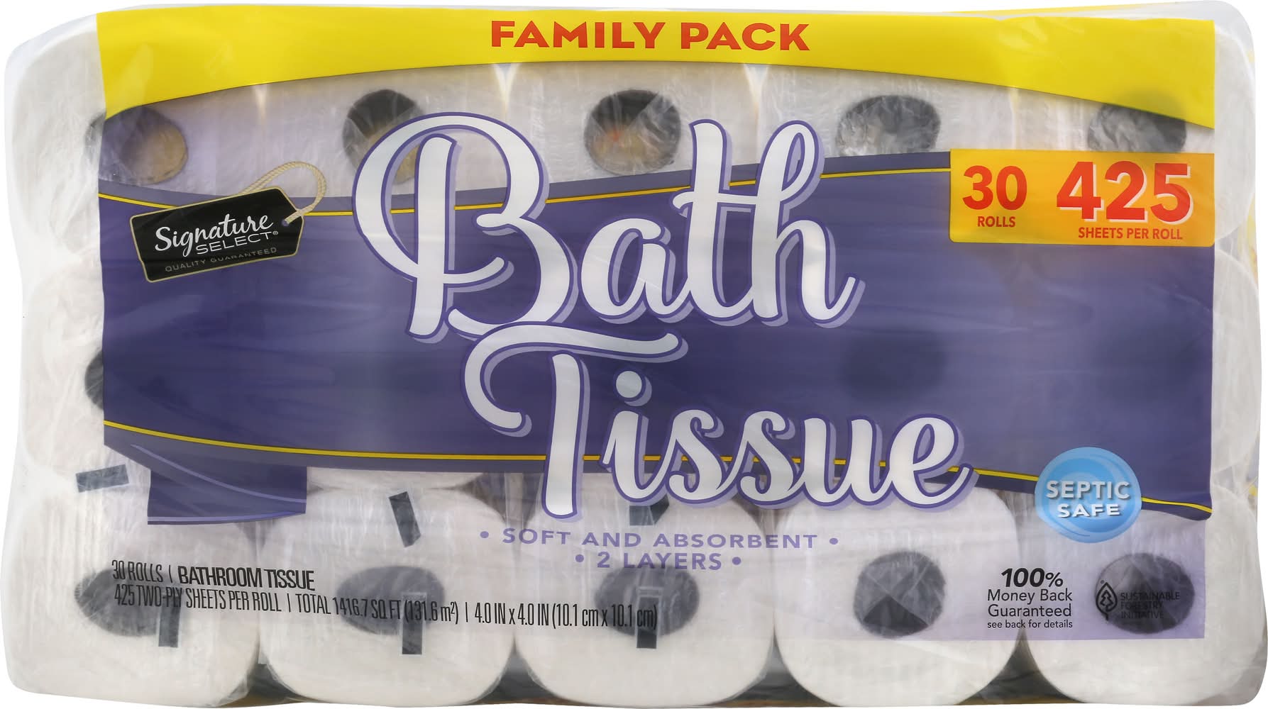 Signature Select Soft & Absorbent Bath Tissue Rolls Family pack, 4x4 in (30 ct)