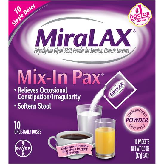 MiraLAX Mix-In Pax Single Dose Packets, Unflavored, 10 CT