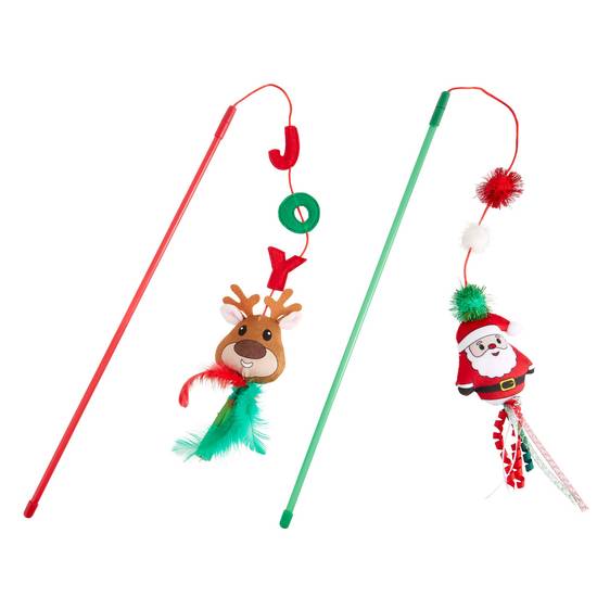 Merry & Bright™ Holiday Santa & Reindeer Teaser Cat Toy - 2 Pack (Color: Multi Color)