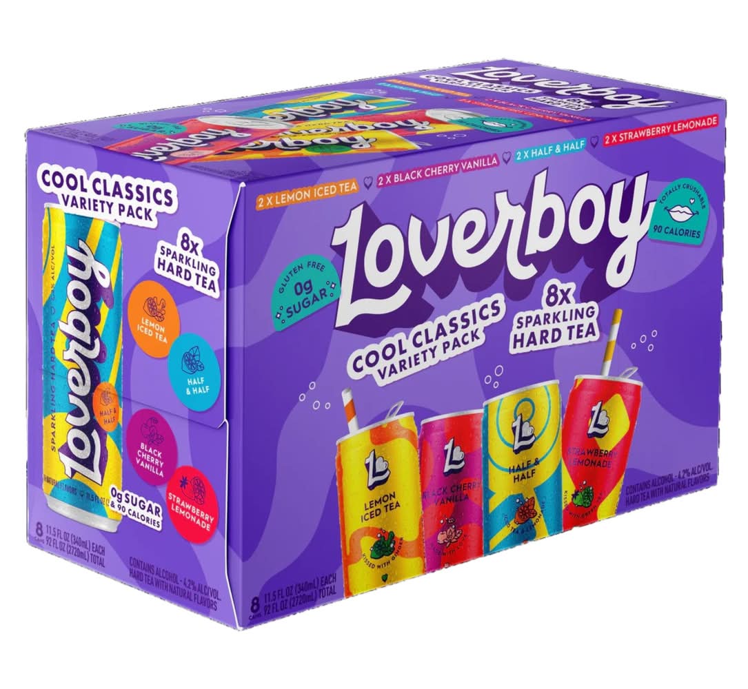 Loverboy Sparkling Hard Tea Cool Classic Variety pack, Lemon Iced Tea-Half & Half-Black Cherry Vanilla-Strawberry Lemonade (8 x 11.5 fl oz)