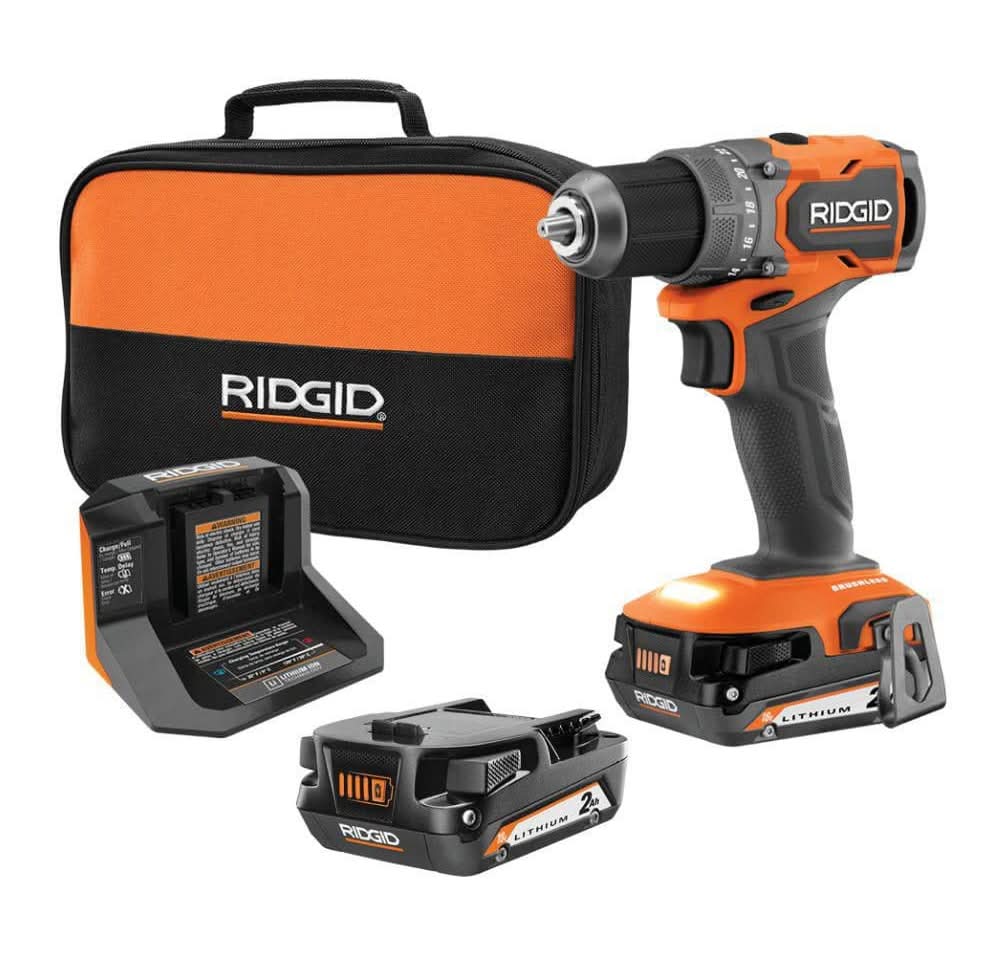 Ridgid 18V Subcompact Brushless Cordless 1/2 In. Drill/Driver Kit With (2) 2.0 Ah Batteries, Charger, And Tool Bag
