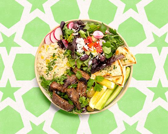 Falafel Beef Shish Kabob Baba Ghanoush Plate