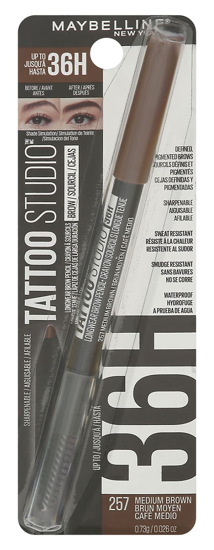 Maybelline Tattoos Studio Medium Longwear Brow Pencil, Brown (0.8 oz)