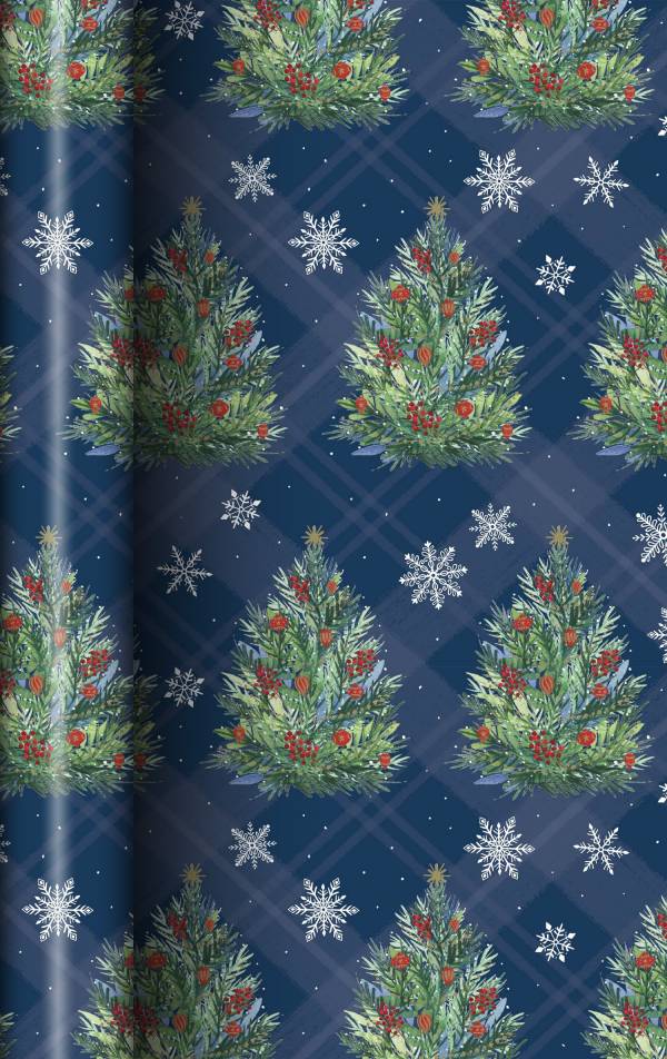 December Home Christmas Tree Plaid Roll Wrap, 30in x 45sqft, Navy