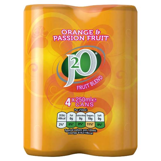 J2O Orange - Passion Fruit, Fruit Blend Soft Drink (4 x 250ml)