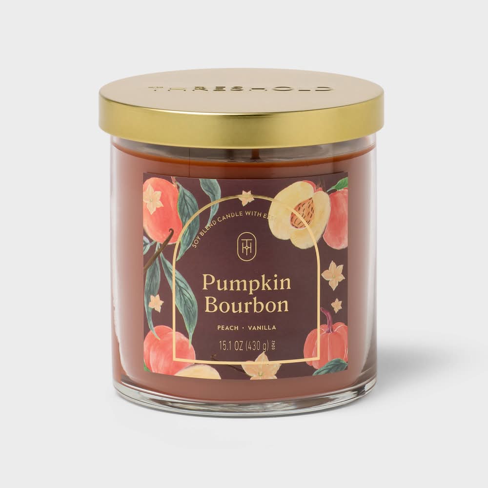 Threshold 2 Wick Glass Jar Candle With Lid, Pumpkin Bourbon (15.1 oz)
