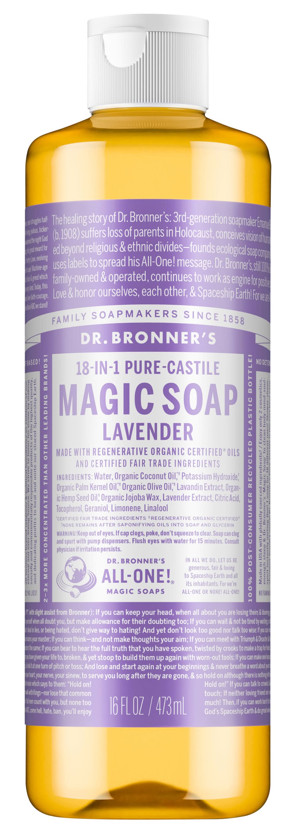 Dr. Bronner's 18 In 1 Hemp Pure-Castile Magic Soap, Lavender (16 fl oz)