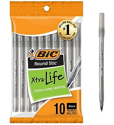 BIC Round Stic Xtra Life Ballpoint Pens, Medium Point, Black Ink, 10/Pack (20123)