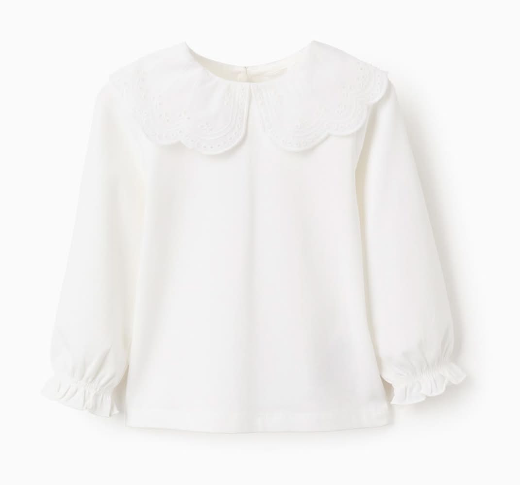 T-Shirt Com Gola De Bordado Inglês E Folhos Para Bebé Menina (Branco - 12/18M)
