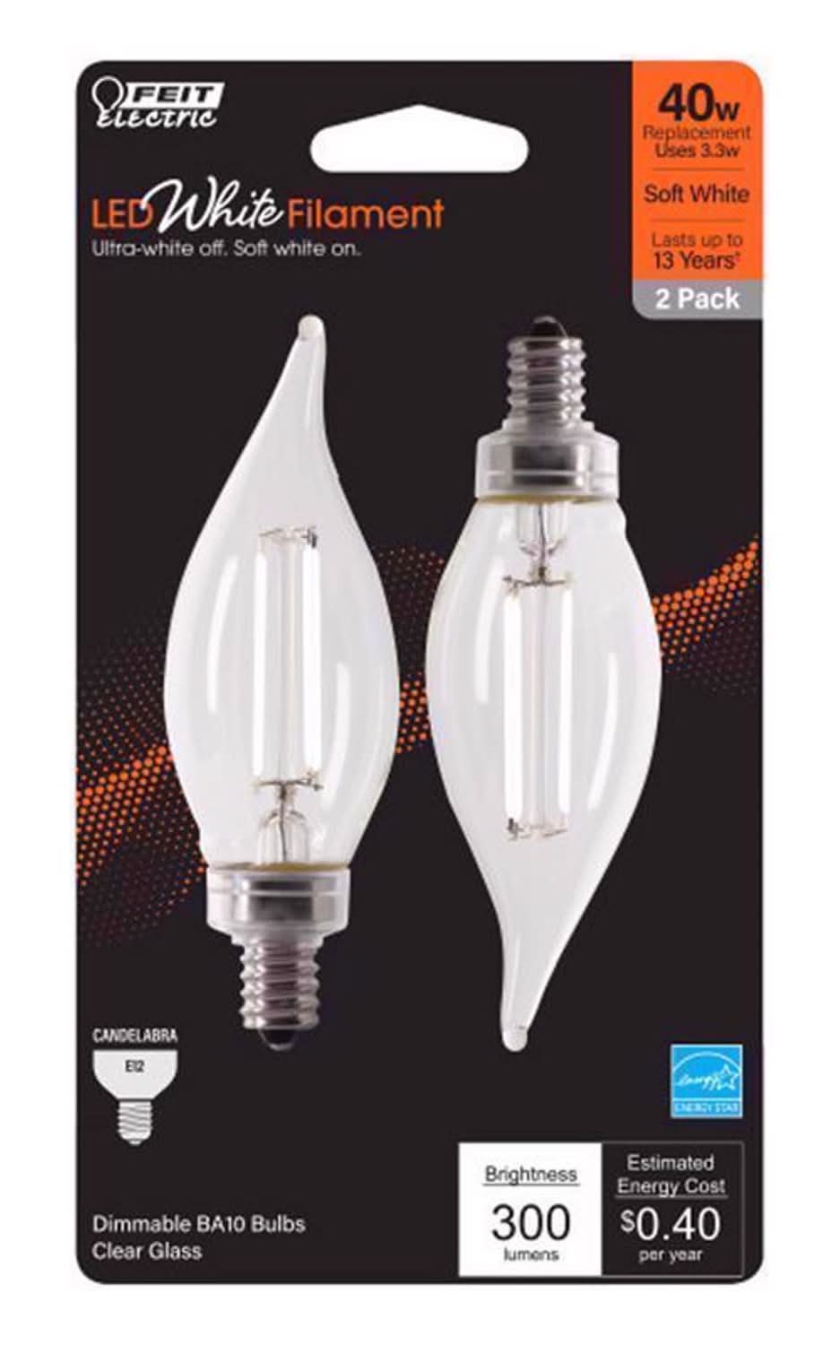 Feit Electric White Ba10 E12 (Candelabra) Filament Led Bulb Soft White 40 Watt Equivalence 2 Pk