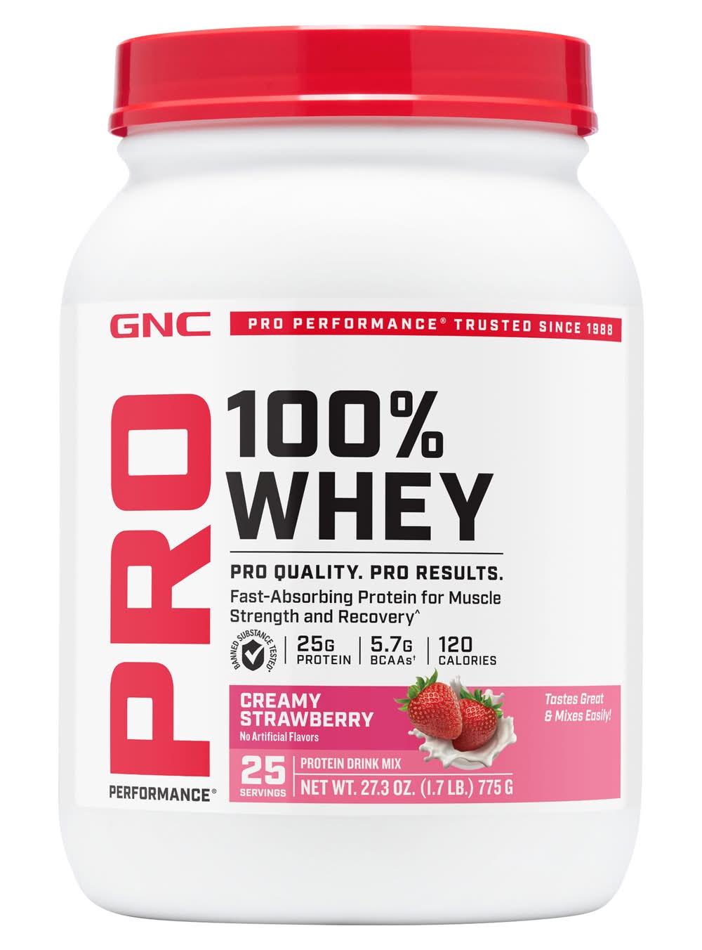 GNC Pro Performance 100% Whey Protein Drink Mix, Creamy Strawberry (27.3 oz)