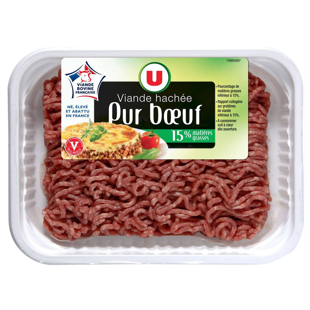 Les Produits U - Viande hachée pr bœuf 15% matière grasse (500g)