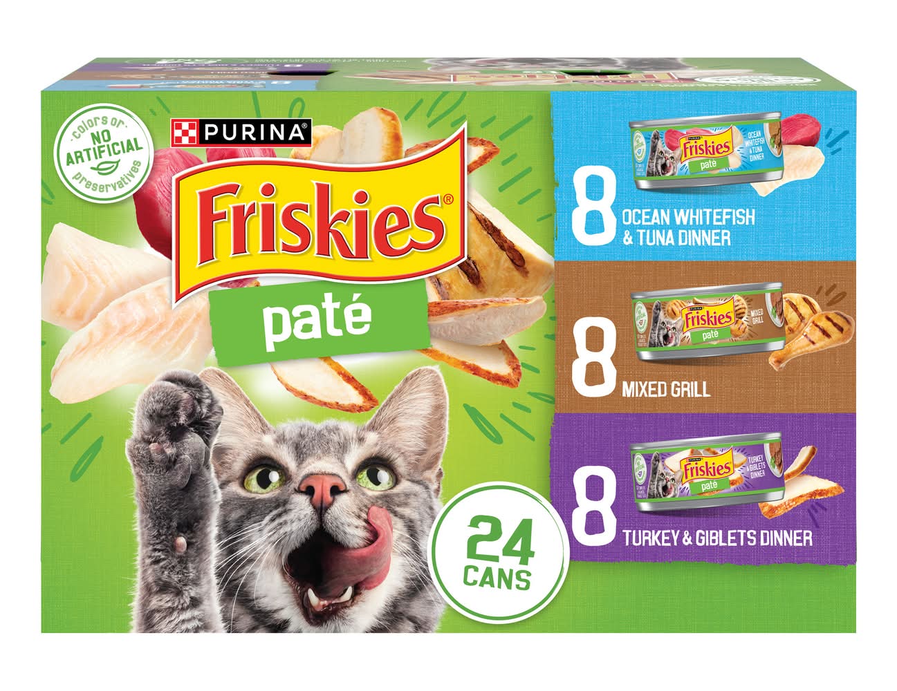 Purina Friskies Pate Variety pack Wet Cat Food, Ocean Whitefish & Tuna Dinner-Mixed Grill-Turkey & Giblets Dinner, Adult (24 x 5.5 oz)
