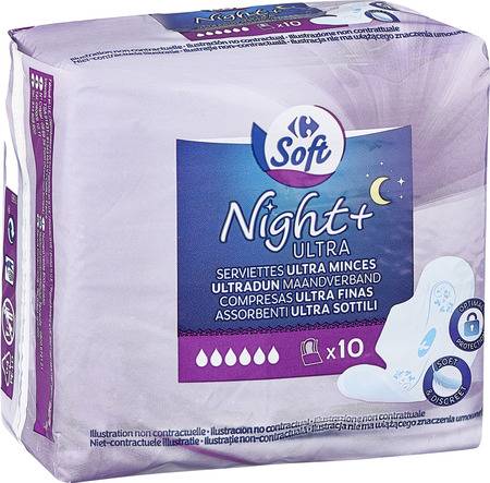 Serviettes hygiéniques nuit CARREFOUR - le sachet de 10serviettes