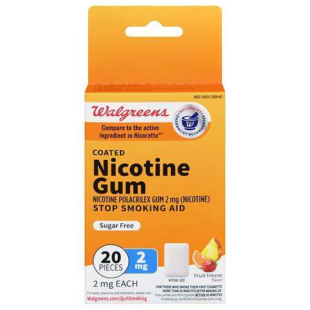 Walgreens Coated Nicotine Gum 2mg, Sugar Free, Stop Smoking Aid Fruit