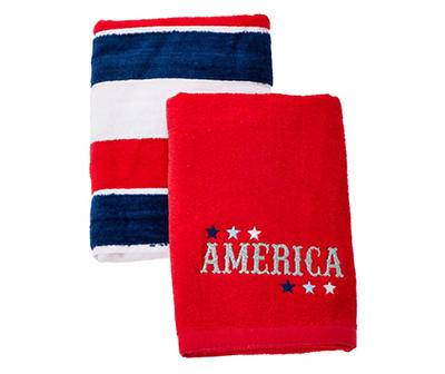"America" Goji Berry & Navy Embroidered 2-Pc. Hand Towel Set
