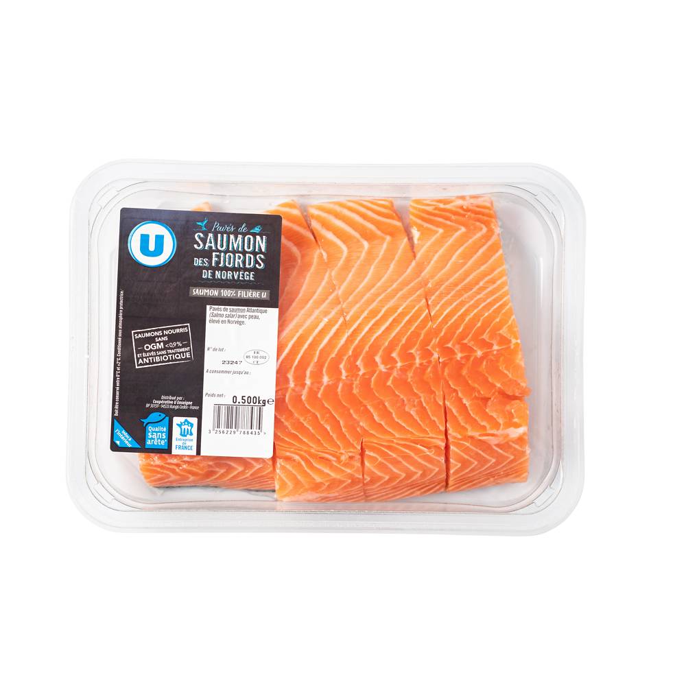 Les Produits U - Pavé de saumon avec peau, salmo salar, élevé en norvège, 4x125g (500g)