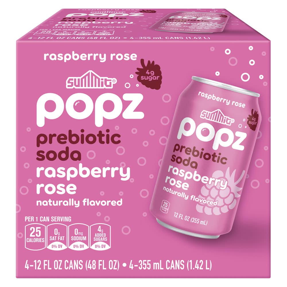 Summit Popz Prebiotic Soda, Raspberry Rose (4 x 12 fl oz)